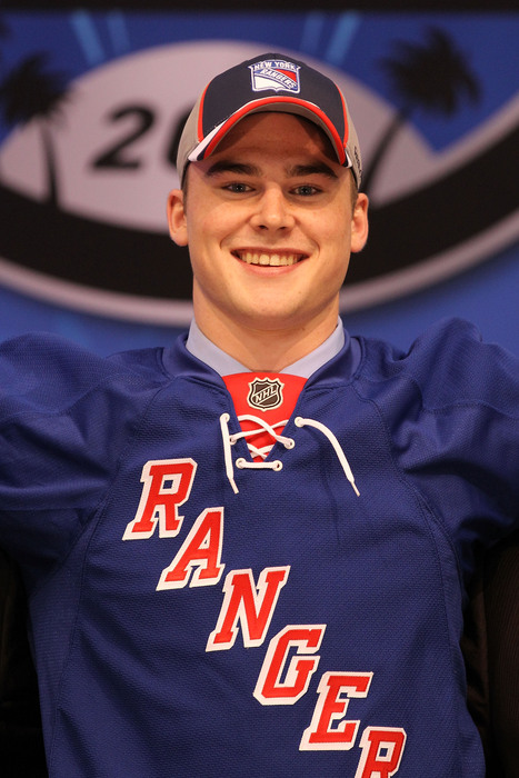 LOS ANGELES, CA - JUNE 25:  Dylan McIlrath, drafted tenth overall by the New York Rangers, poses on stage during the 2010 NHL Entry Draft at Staples Center on June 25, 2010 in Los Angeles, California.  (Photo by Bruce Bennett/Getty Images)