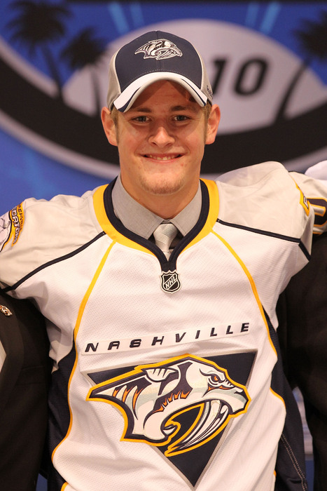 LOS ANGELES, CA - JUNE 25:  Austin Watson, drafted 18th overall by the Nashville Predators, poses on stage during the 2010 NHL Entry Draft at Staples Center on June 25, 2010 in Los Angeles, California.  (Photo by Bruce Bennett/Getty Images)