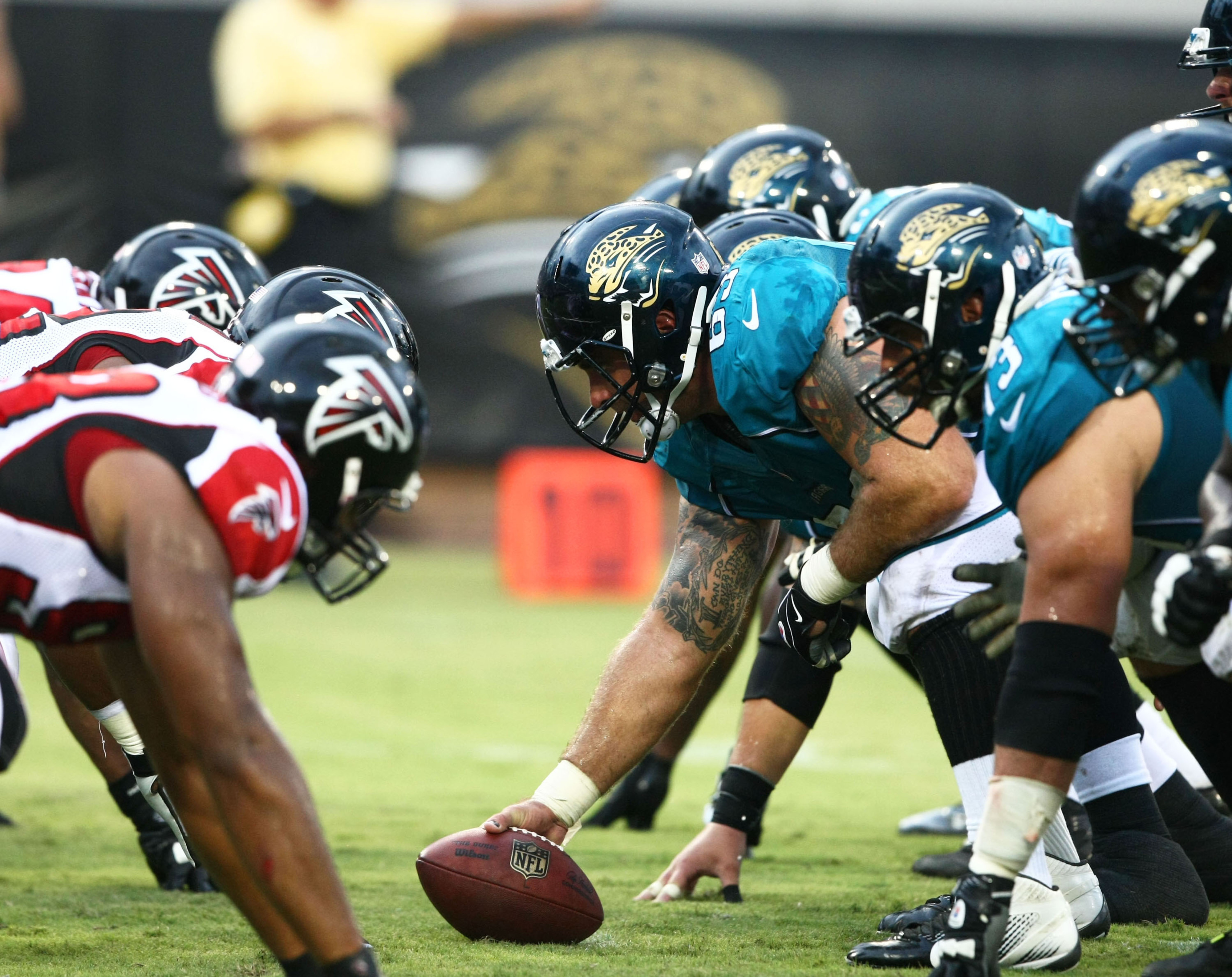 Aug 30, 2012; Jacksonville FL, USA; The Atlanta Falcons and the Jacksonville Jaguars face off at the line during the second quarter at EverBank Field. Mandatory Credit: Douglas Jones-US PRESSWIRE
