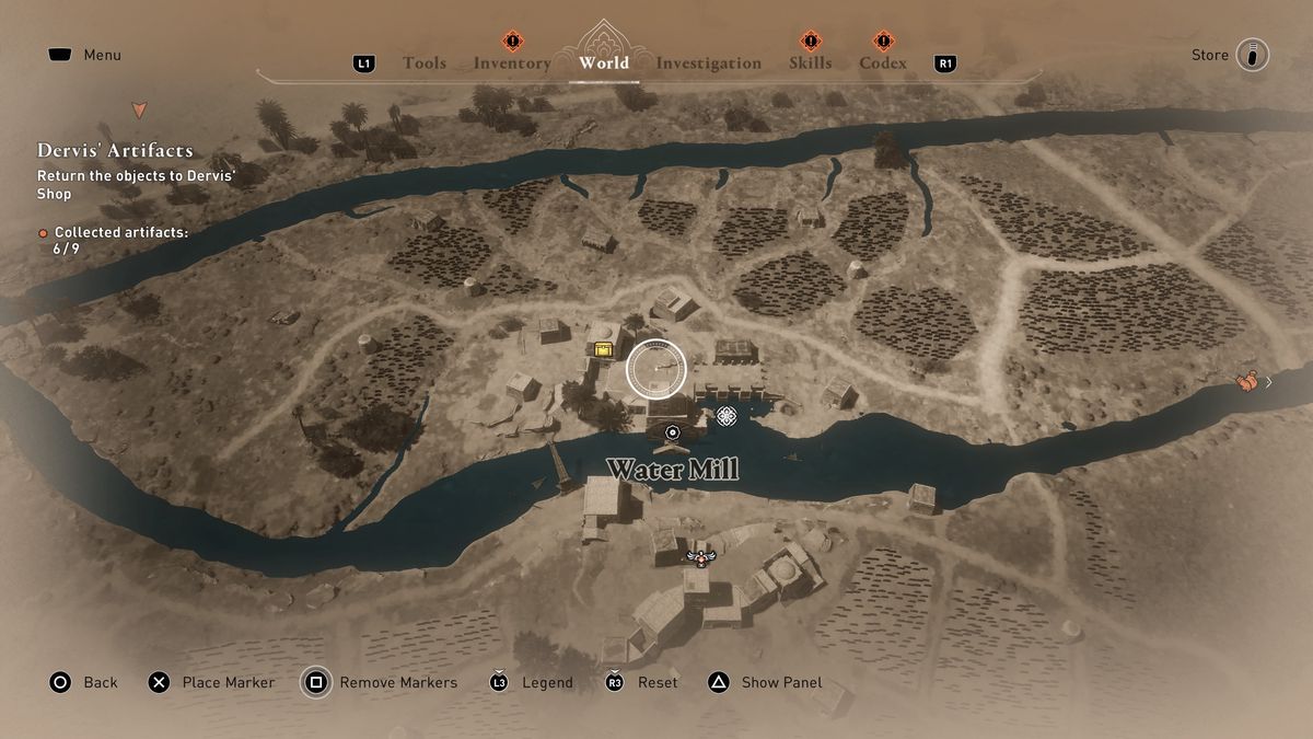 A map showing the Water Mill location in AC Mirage.