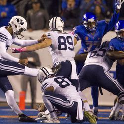 BYU placekicker Rhett Almond attempts a go-ahead field goal during a game between Boise State and BYU in Boise on Friday, Oct. 21, 2016. The kick was blocked but eventually recovered by BYU for a final play. Boise State defeated BYU, 28-27, in a wild game.