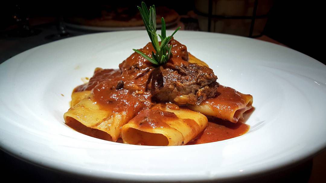 Paccheri garnished with a meaty short rib ragu and a sprig of rosemary sits on a white plate on a dark background.