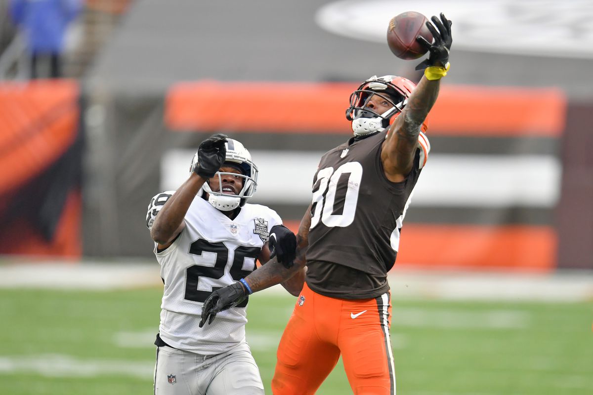 Lamarcus Joyner #29 of the Las Vegas Raiders tries to stop wide receiver Jarvis Landry #80 of the Cleveland Browns from catching a pass during the fourth quarter at FirstEnergy Stadium on November 01, 2020 in Cleveland, Ohio.