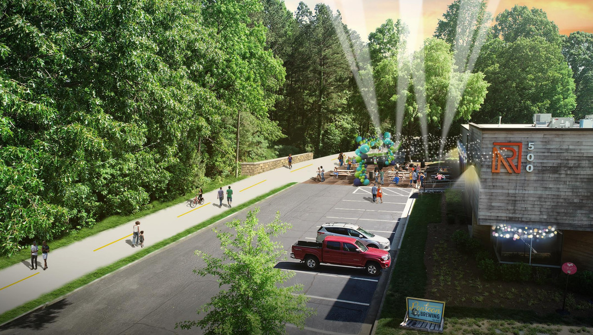 A rendering of a path running by Pontoon Brewing Company.