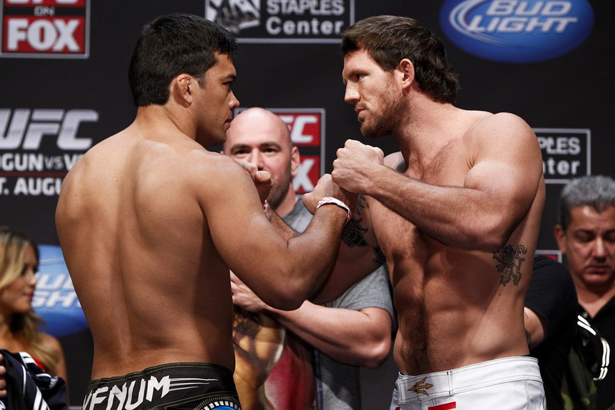 Lyoto Machida and Ryan Bader face off during the UFC on FOX 4 weigh-ins at the Staples Center in Los Angeles, California on August 3, 2012. Esther Lin, MMA Fighting