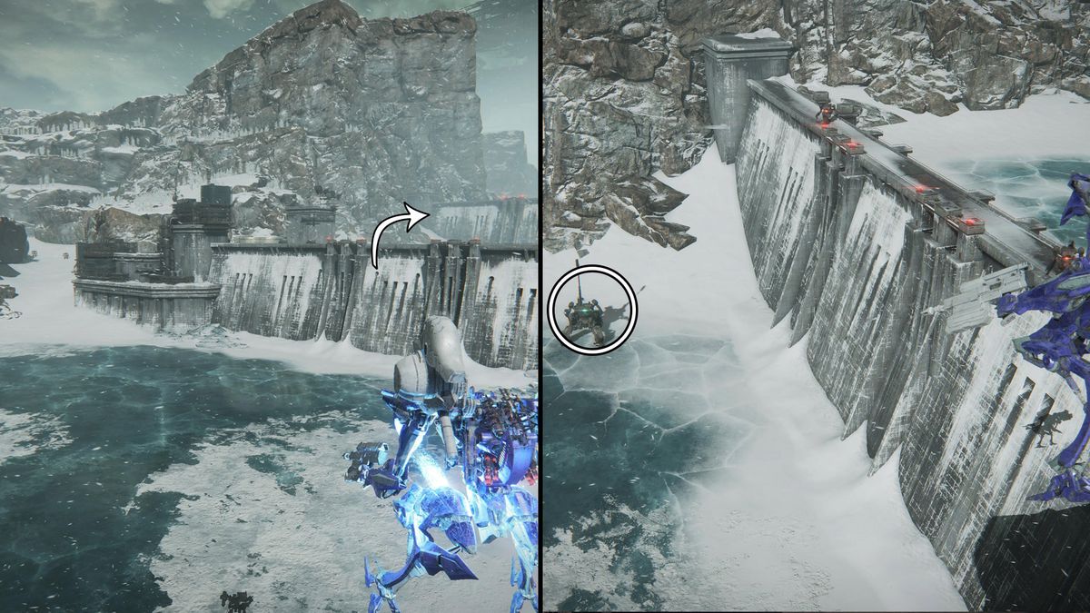 A mech flies over a dam and a frozen lake while looking for loghunts in Armored Core 6.