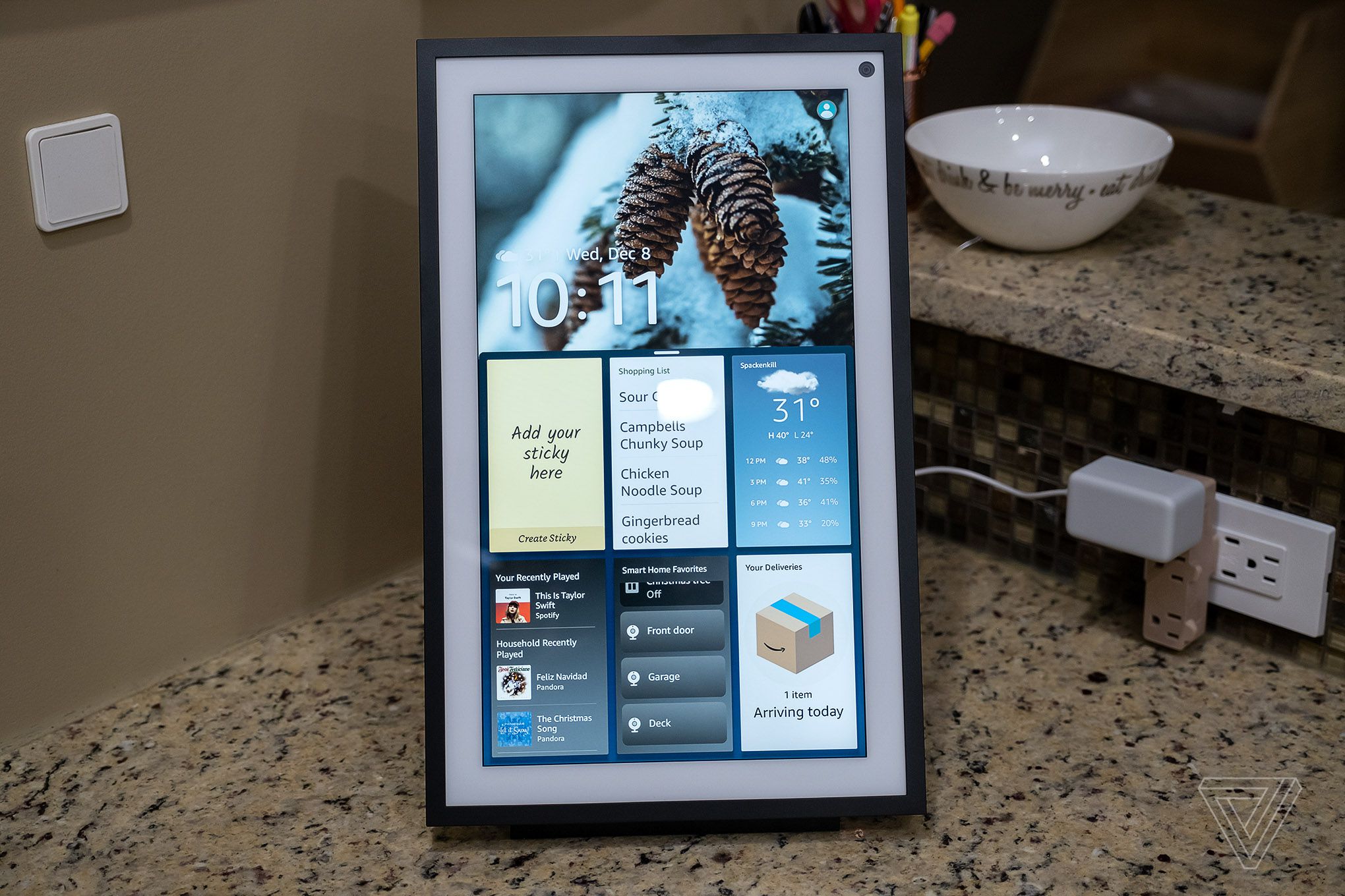 The Echo Show 15 can be mounted on the wall or on a counter (with an additional stand) in either portrait or landscape.