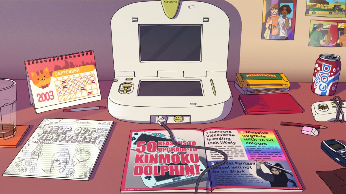 Videoverse screenshot showing a fictional video game console that looks like a bulky Nintendo 3DS, as well as some magazines, soda, and a calendar on a desk.