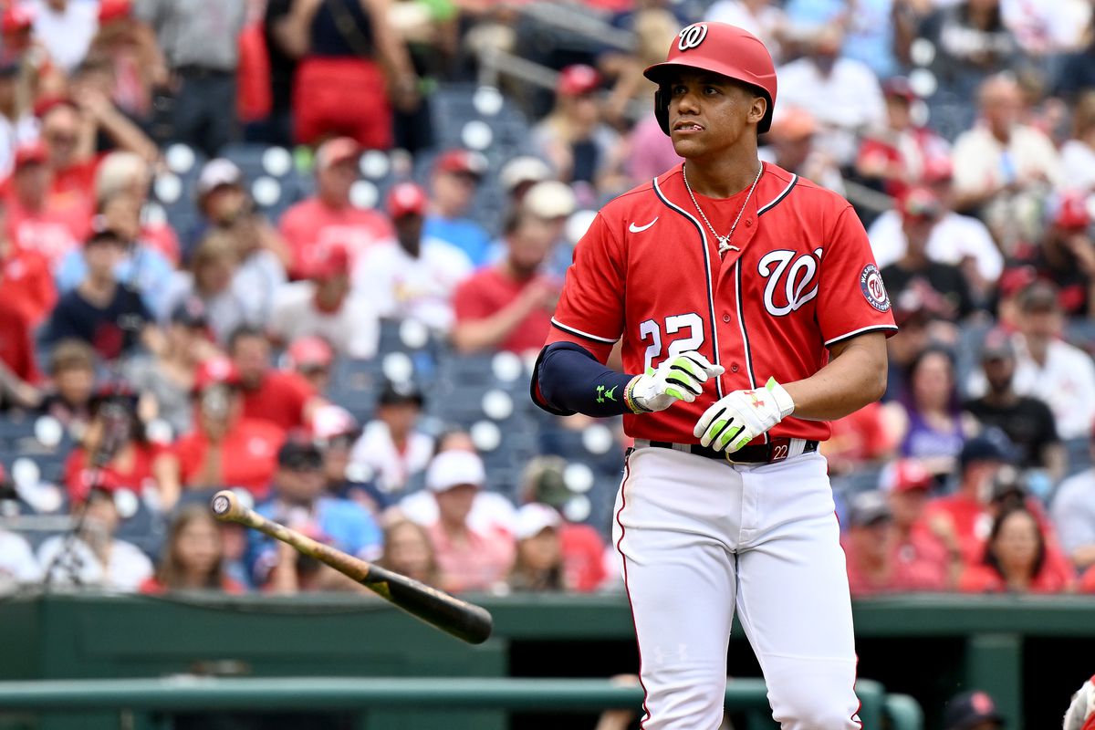 Juan Soto #22 of the Washington Nationals tosses his bat after drawing a walk in the first inning against the St. Louis Cardinals at Nationals Park on July 31, 2022 in Washington, DC.