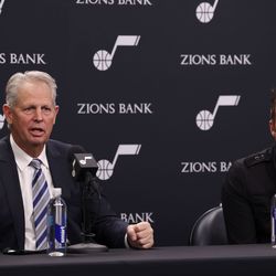 Danny Ainge, left, and Utah Jazz owner Ryan Smith, speak about Ainge’s new role as CEO of Utah Jazz Basketball at Vivint Arena in Salt Lake City on Wednesday, Dec. 15, 2021.