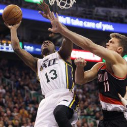 Utah Jazz guard Elijah Millsap (13) goes up for two against Portland Friday, Feb. 20, 2015, at EnergySolutions Arena in Salt Lake City. The Jazz beat the Blazers, 92-76.
