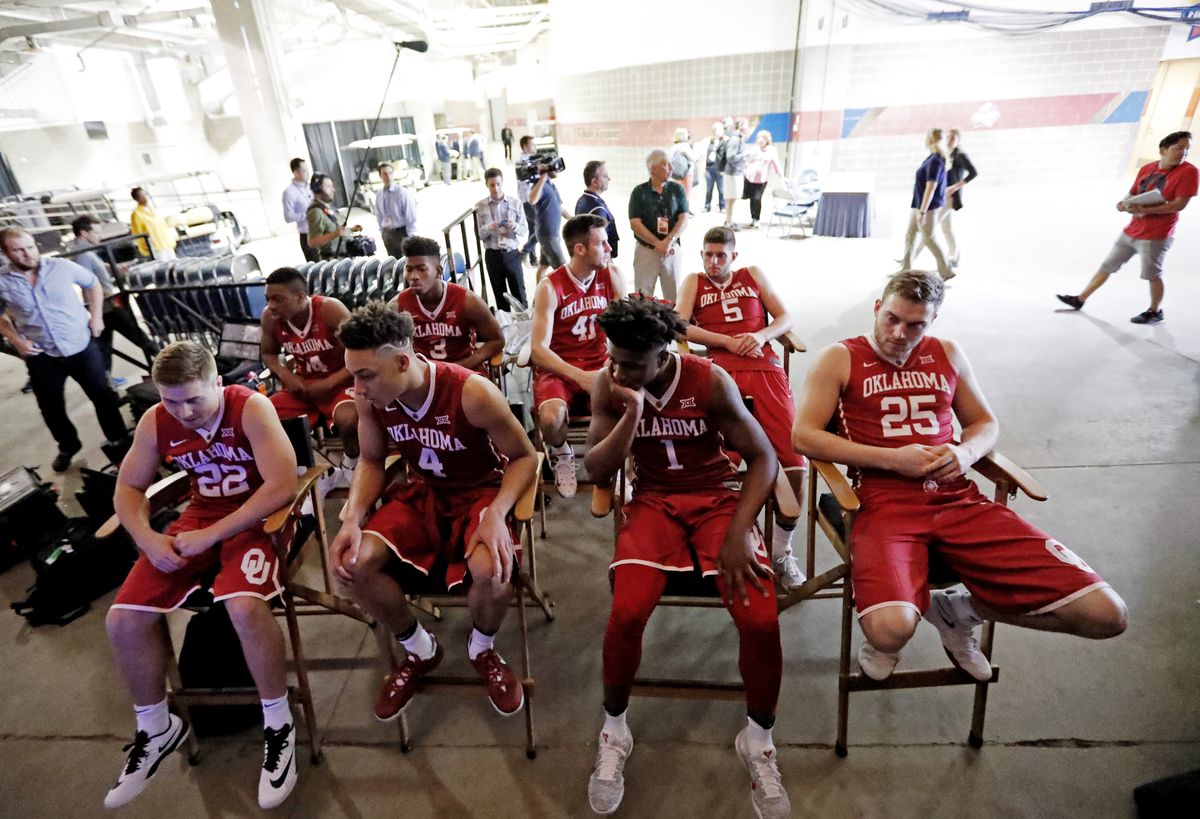 Oklahoma players wait to start a closed Final Four practice session in 2016. 