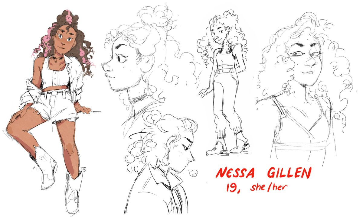A character study for Nessa in Darkest Night, with profiles and full-body sketches