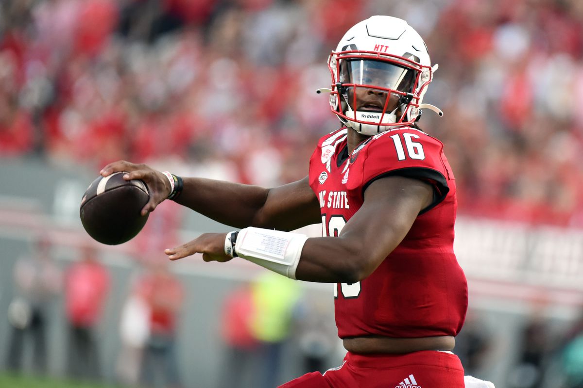 North Carolina State Wolfpack quarterback MJ Morris throws a pass during the first half against the Boston College Eagles at Carter-Finley Stadium.