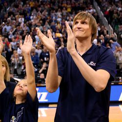 Former Jazz forward Andrei Kirilenko is recognized as he returns to the Vivint Smart Home Arena for the first time since retiring from professional basketball in Salt Lake City on Monday, March 28,  2016.  