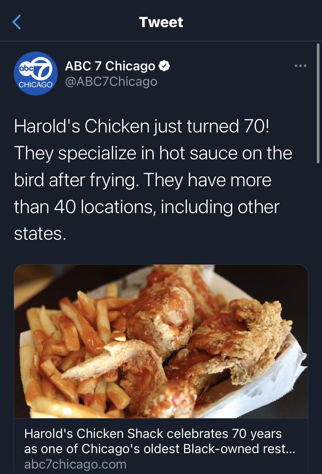 A tweet reading “Harold’s Chicken just turned 70!” the tweet started innocently before dying on the vine. “They specialize in hot sauce on the bird after frying. They have more than 40 locations, including other states.”