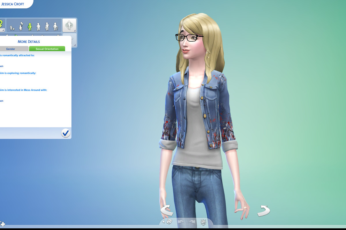 Screenshot from The Sims 4 featuring a bespectacled blond female Sim within the Create A Sim screen as the player chooses potential sexual orientation options