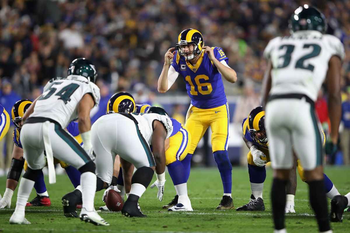 Los Angeles Rams QB Jared Goff&nbsp;adjusts a play at the line during the first half of a game against the Philadelphia Eagles, Dec. 16, 2018.