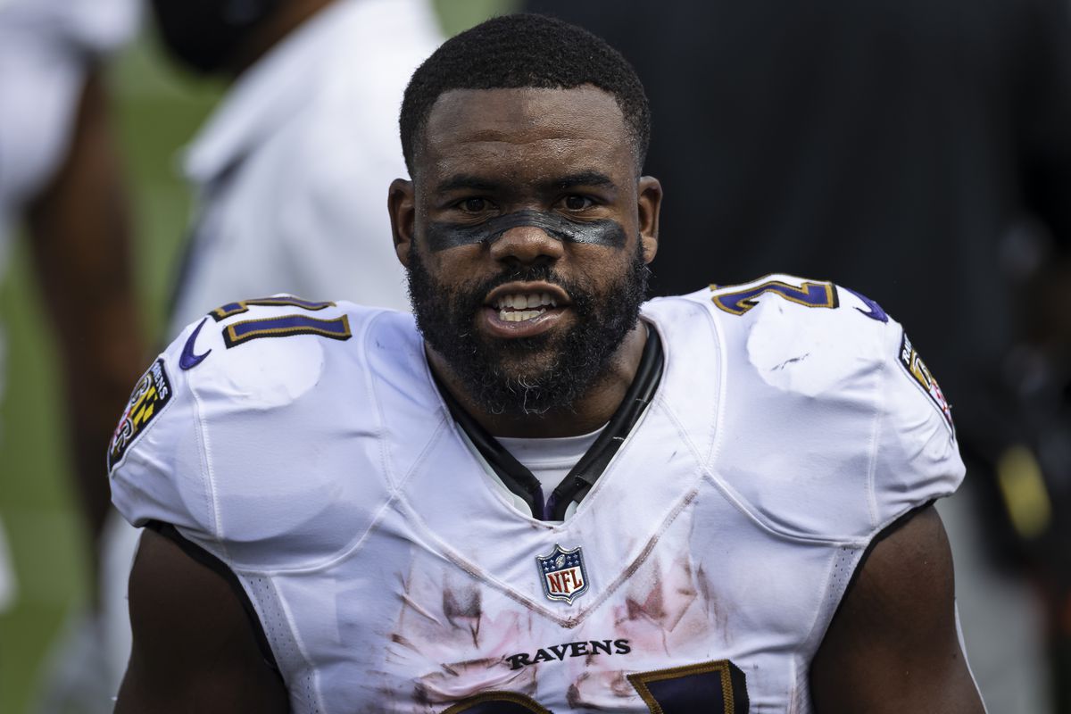 Mark Ingram II of the Baltimore Ravens reacts on the sidelines against the Cleveland Browns during the first half at M&amp;T Bank Stadium on September 13, 2020 in Baltimore, Maryland.