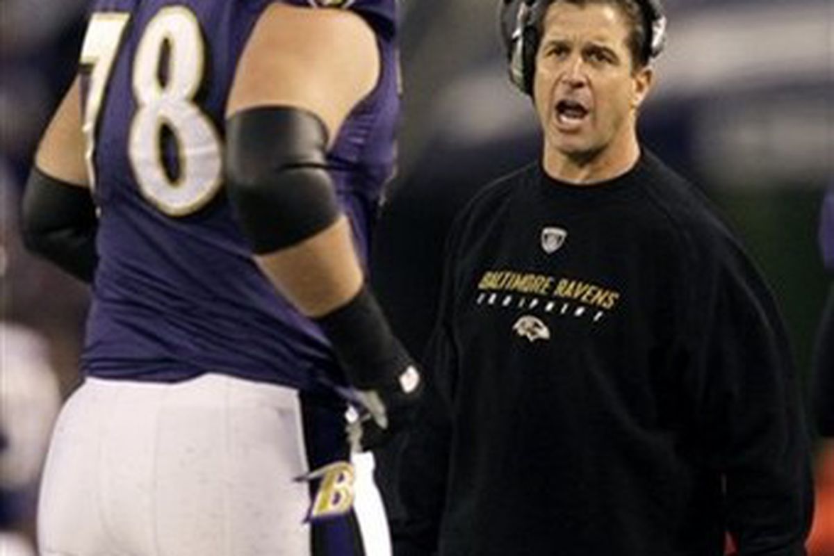 Adam Terry, left, hears words from his now-former coach with the Ravens, John Harbaugh. Image: <a href="http://cache.daylife.com/imageserve/0aGHcPl42f7kg/340x.jpg">cache.daylife.com</a>