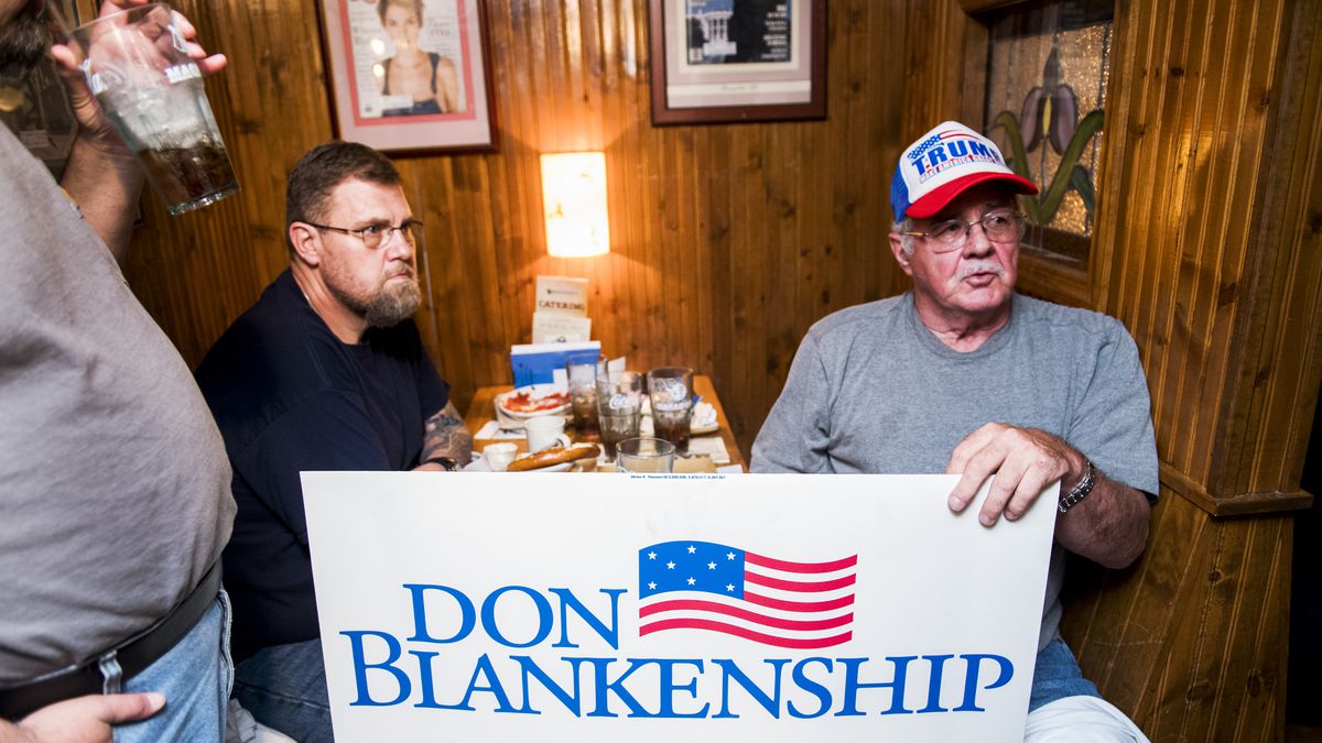 Supporters of Don Blankenship, who is running for the Republican nomination for Senate in West Virginia, attend a town hall meeting Bluefield, W.Va., on May 3, 2018.