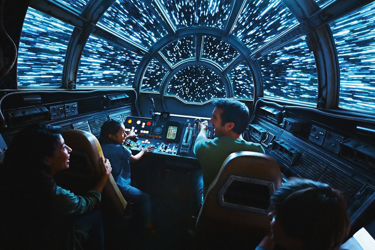 A photo from the cockpit of the Millennium Falcon: Smuggler’s Run ride at the Star Wars: Galaxy’s Edge theme park