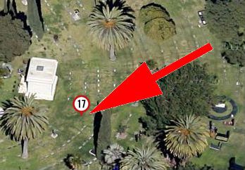 An aerial view of the Hollywood Forever Cemetery. There is a red arrow pointing to a number 17 which is the gravesite of Marion Davies.