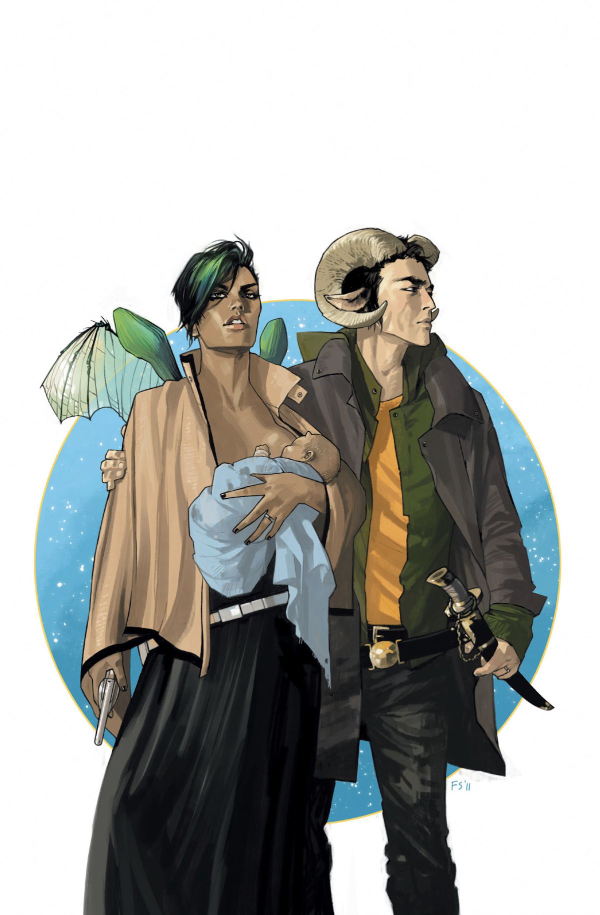 Alana and Marko, the respectively winged and horned heroes of Saga on the cover of Saga #1 (2012). Alana’s shirt is open as she breastfeeds their infant daughter Hazel with one hand and brandishes a pistol with the other. 
