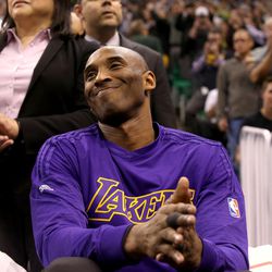 Los Angeles Lakers star Kobe Bryant watches a video honoring his basketball career before the Utah Jazz game at the Vivint Smart Home Arena in Salt Lake City on Monday, March 28,  2016.  