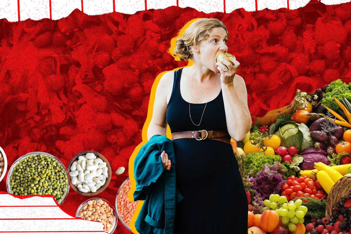 Collage featuring a portrait of Abra Berens eating an apple, bowls of dried beans, and baskets of fresh fruit and vegetables.