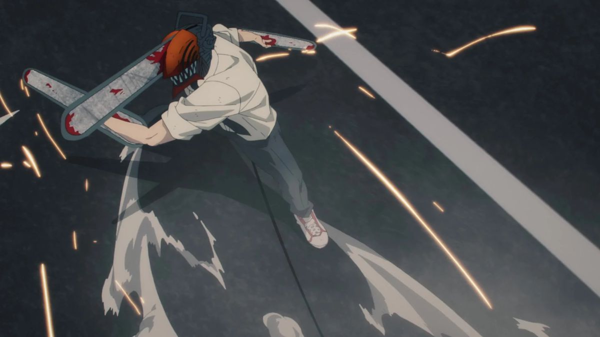 Denji in his Chainsaw Man look mid-fight in a screenshot from the anime