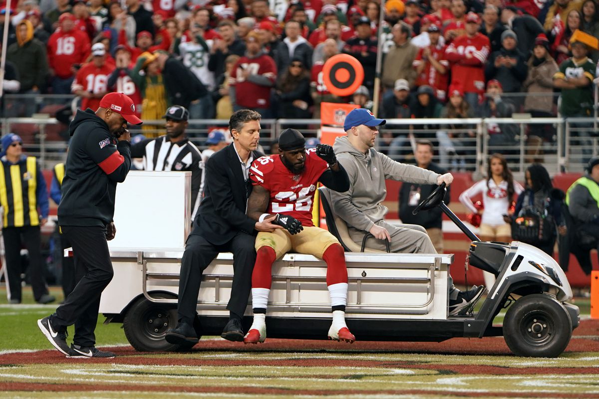 Tevin Coleman of the San Francisco 49ers is carted off the field after an injury in the first half against the Green Bay Packers during the NFC Championship game at Levi’s Stadium on January 19, 2020 in Santa Clara, California.