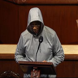 This handout frame grab from video, provided by House Television shows Rep. Bobby Rush, D-Ill., wearing a a hoodie, speaking on the floor of the House on Capitol Hill in Washington, Wednesday, March 28, 2012. Rush donned a hoodie during a speech on the House floor deploring the killing of Florida teenager Trayvon Martin, receiving a reprimand for violating rules on wearing hats in the House chamber.