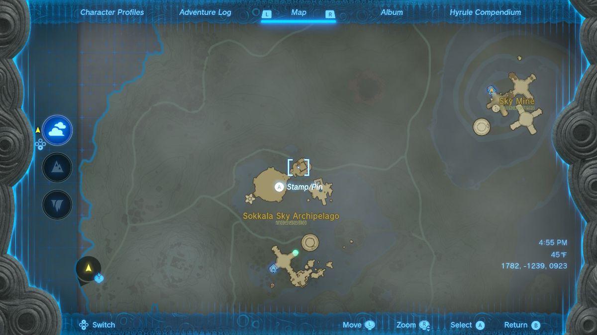 A map shows the location of the Akkala Sky Mine in Zelda Tears of the Kingdom.