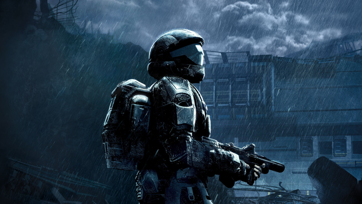 The Rookie, protagonist of Halo 3: ODST, stands explores the ruins of New Mombasa in a rainstorm