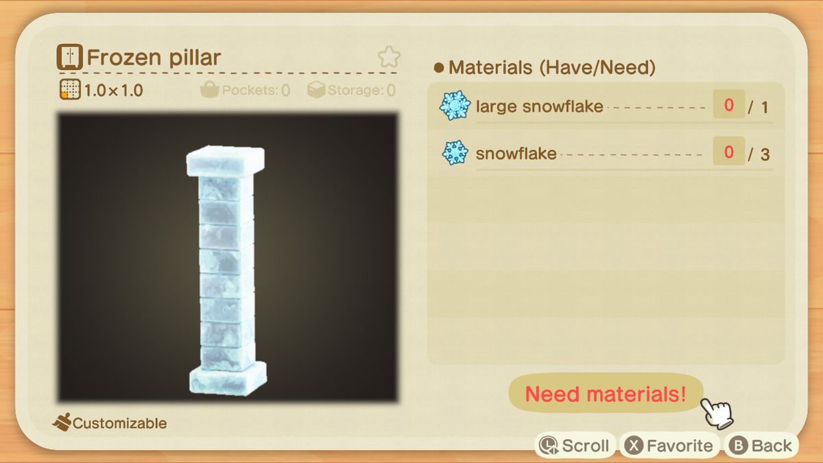 An Animal Crossing recipe for a Frozen Pillar