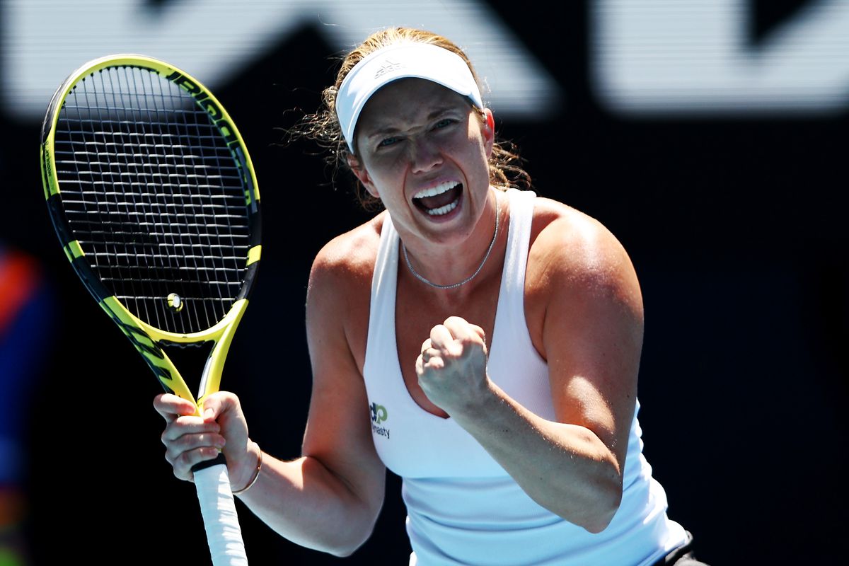 Danielle Collins of the United States celebrates a point in her fourth round singles match against Elise Mertens of Belgium during day eight of the 2022 Australian Open at Melbourne Park on January 24, 2022 in Melbourne, Australia.