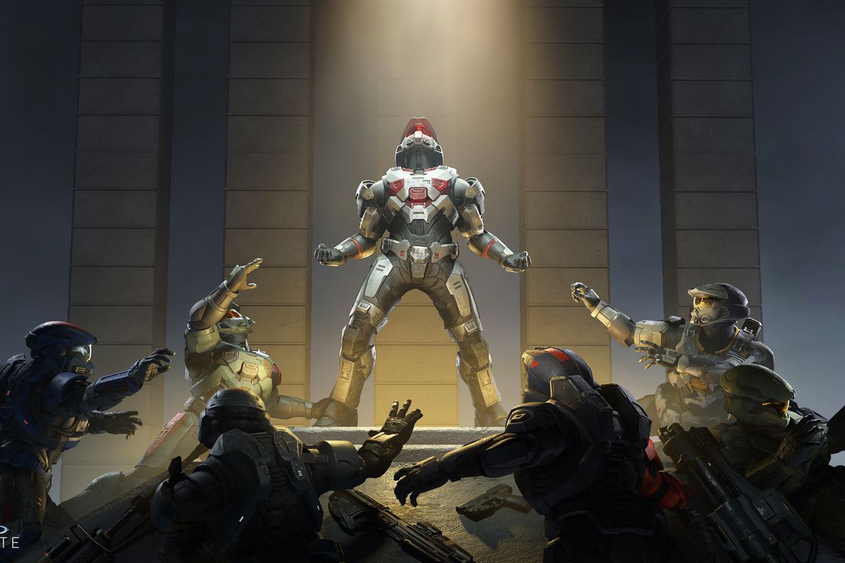 Graphics of 7 Spartans fighting for a seat in Halo Infinite's King of the Hill mode