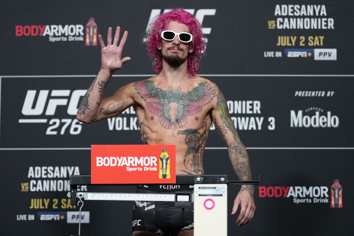 Sean O’Malley weighs in for his UFC 276 fight with Pedro Munhoz in early July. 