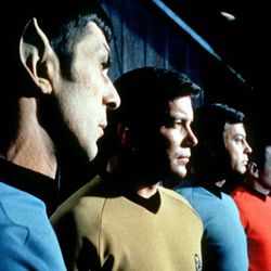 FILE- This undated file photo shows actors in the TV series "Star Trek," from left, Leonard Nimoy as Commander Spock, William Shatner as Captain Kirk, DeForest Kelley as Doctor McCoy and James Doohan as Commander Scott. Nimoy, famous for playing officer Mr. Spock in “Star Trek” died Friday, Feb. 27, 2015 in Los Angeles of end-stage chronic obstructive pulmonary disease. He was 83. 