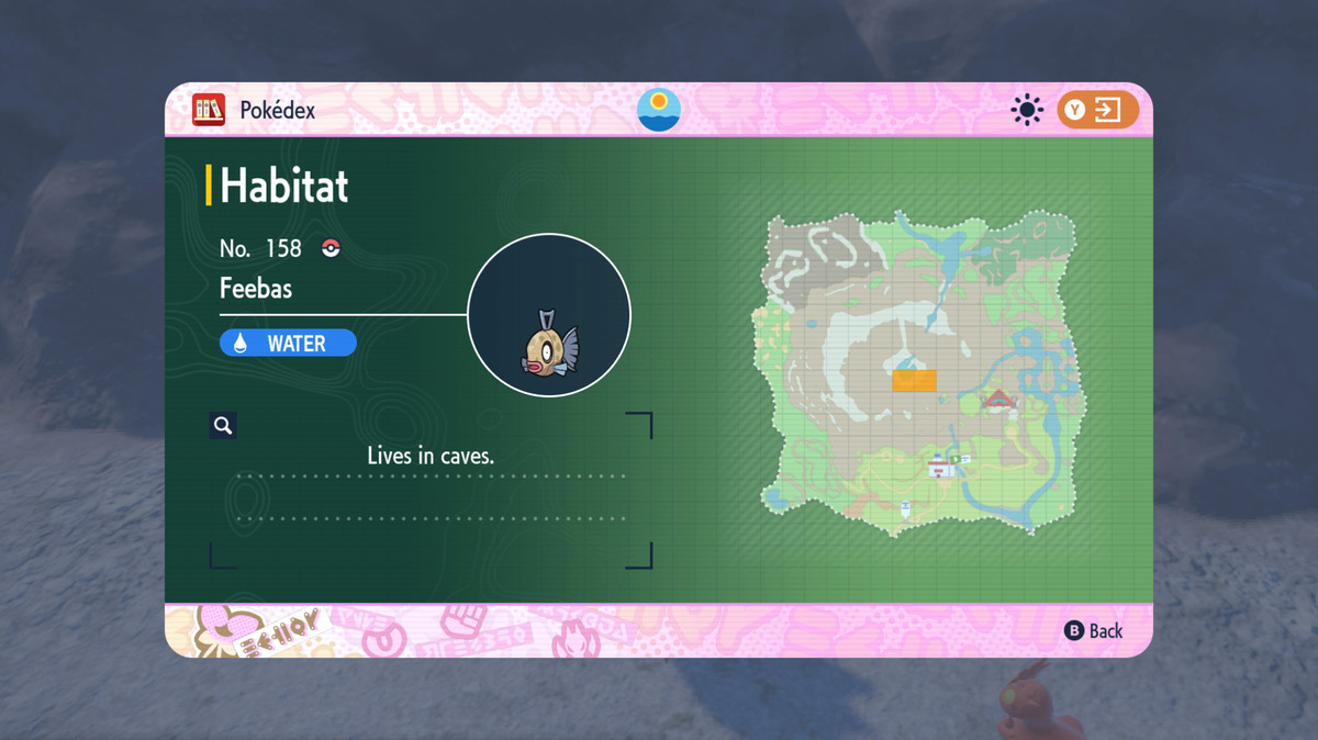Une carte dans Pokémon Écarlate et Violet : Le Masque Sarcelle montrant où trouver Feebas