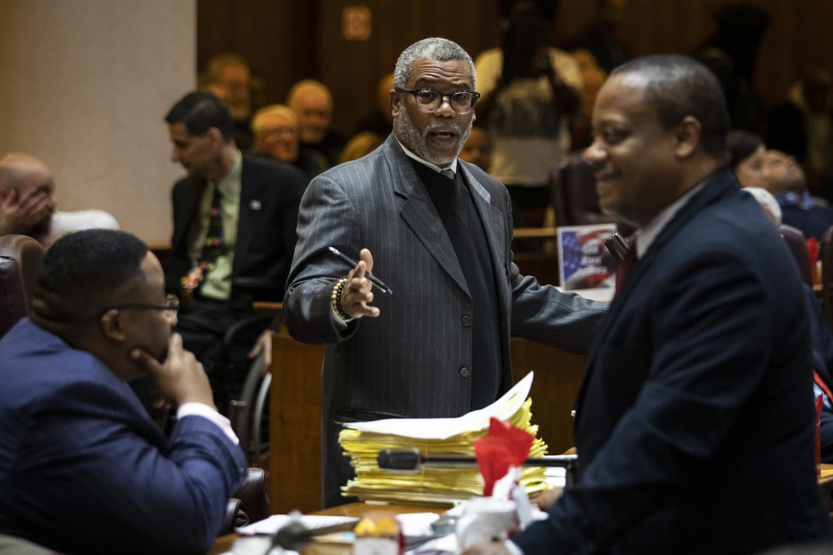 Ald. Walter Burnett Jr. (27th) yells  Wednesday during the monthly Chicago City Council meeting at City Hall. Aldermen were scheduled to vote on attempt by the Black Caucus to delay sales of recreational marijuana in Chicago for six months to give African American and Hispanic people a chance to get a piece of the action.