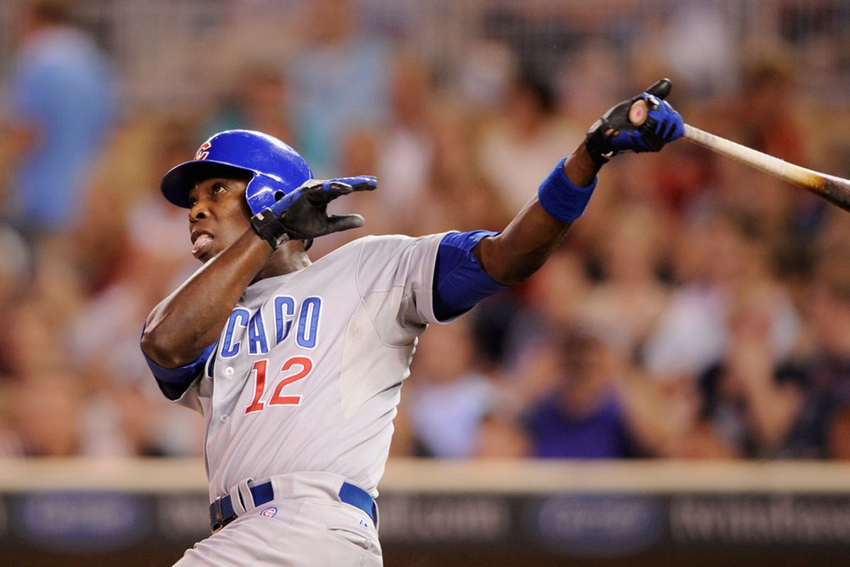 MINNEAPOLIS, MN: Alfonso Soriano #12 of the Chicago Cubs hits a two run home run against the Minnesota Twins during the eighth inning at Target Field in Minneapolis, Minnesota. The Twins defeated the Cubs 8-7. (Photo by Hannah Foslien/Getty Images)