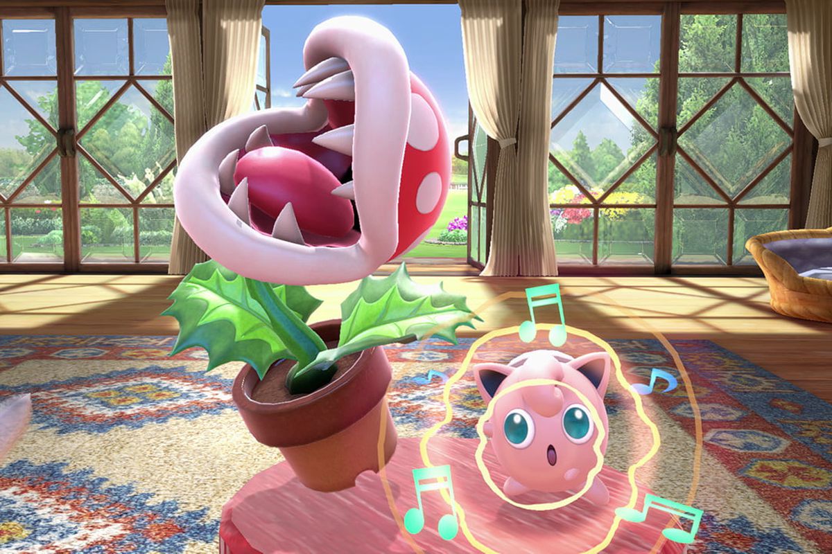 Piranha Plant dances with Jigglypuff in a screenshot from Super Smash Bros. Ultimate.