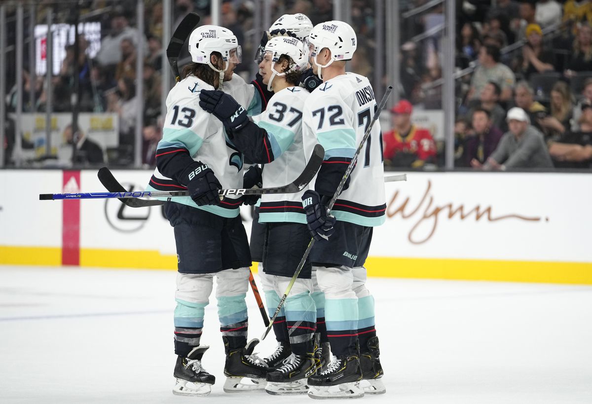 Brandon Tanev, Yanni Gourde, Joonas Donskoi, and Haydn Fleury all come in for a hug in celebration of Gourde’s goal, with Gourde and Tanev being the center of the group hug