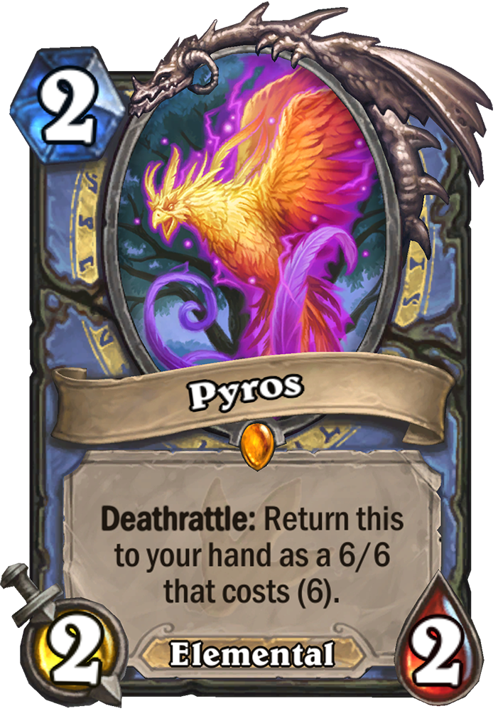 This Hearthstone card is titled “Pyros.” It costs 2 mana and has 2 attack and 2 health. Its text reads “Deathrattle: Return this to your hand as a 6/6 that costs (6).” The image features a phoenix-esque bird creature with red, yellow and purple feathers. 