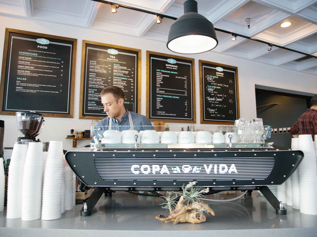 Espresso machine and menus at Copa Vida in Pasadena.