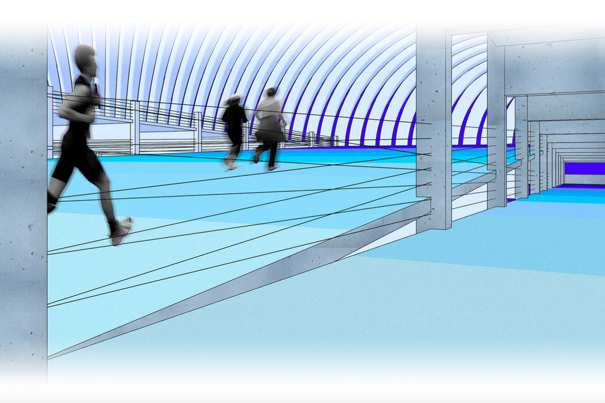 Rendering of a parking garage being used by runners.