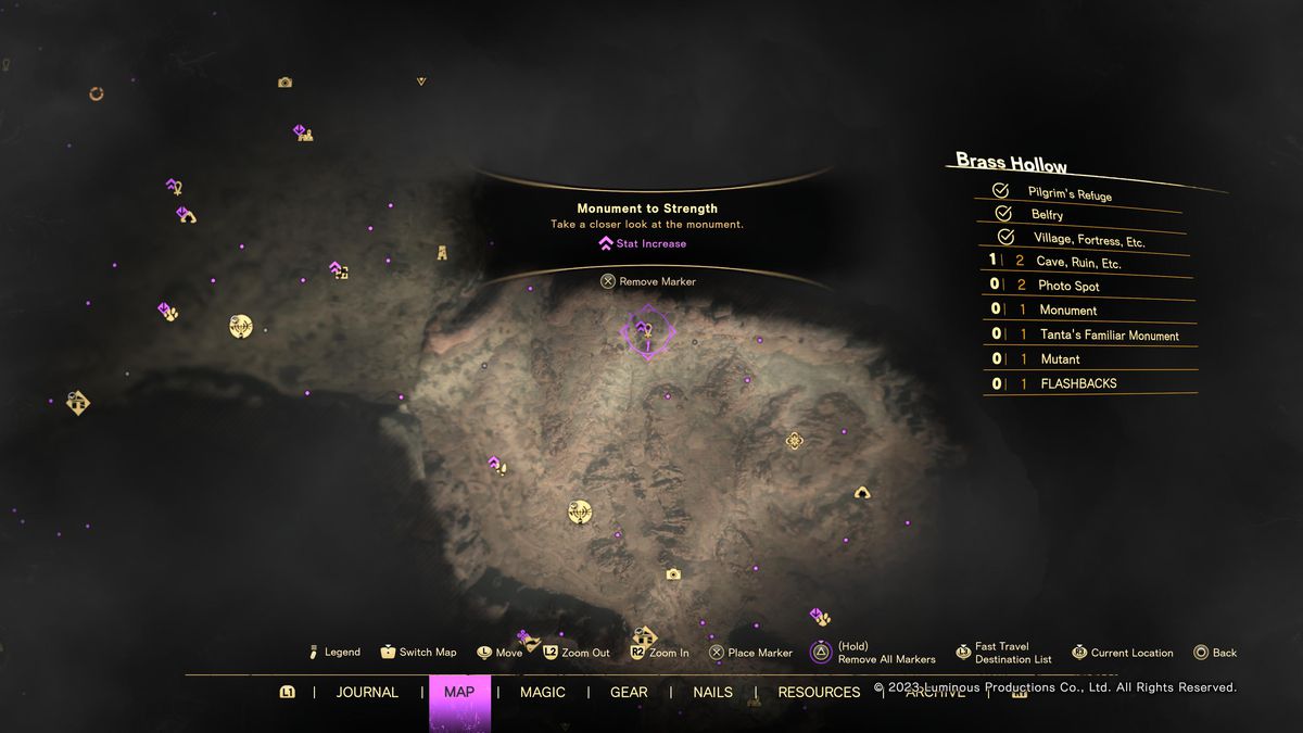 The Forspoken map shows icons indicating points of interest in Athia, the open world setting.