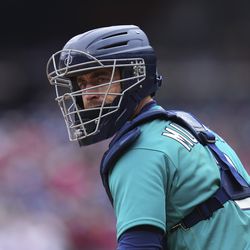 Tom Murphy #2 of the Seattle Mariners looks on against the Philadelphia Phillies at Citizens Bank Park on April 27, 2023 in Philadelphia, Pennsylvania.